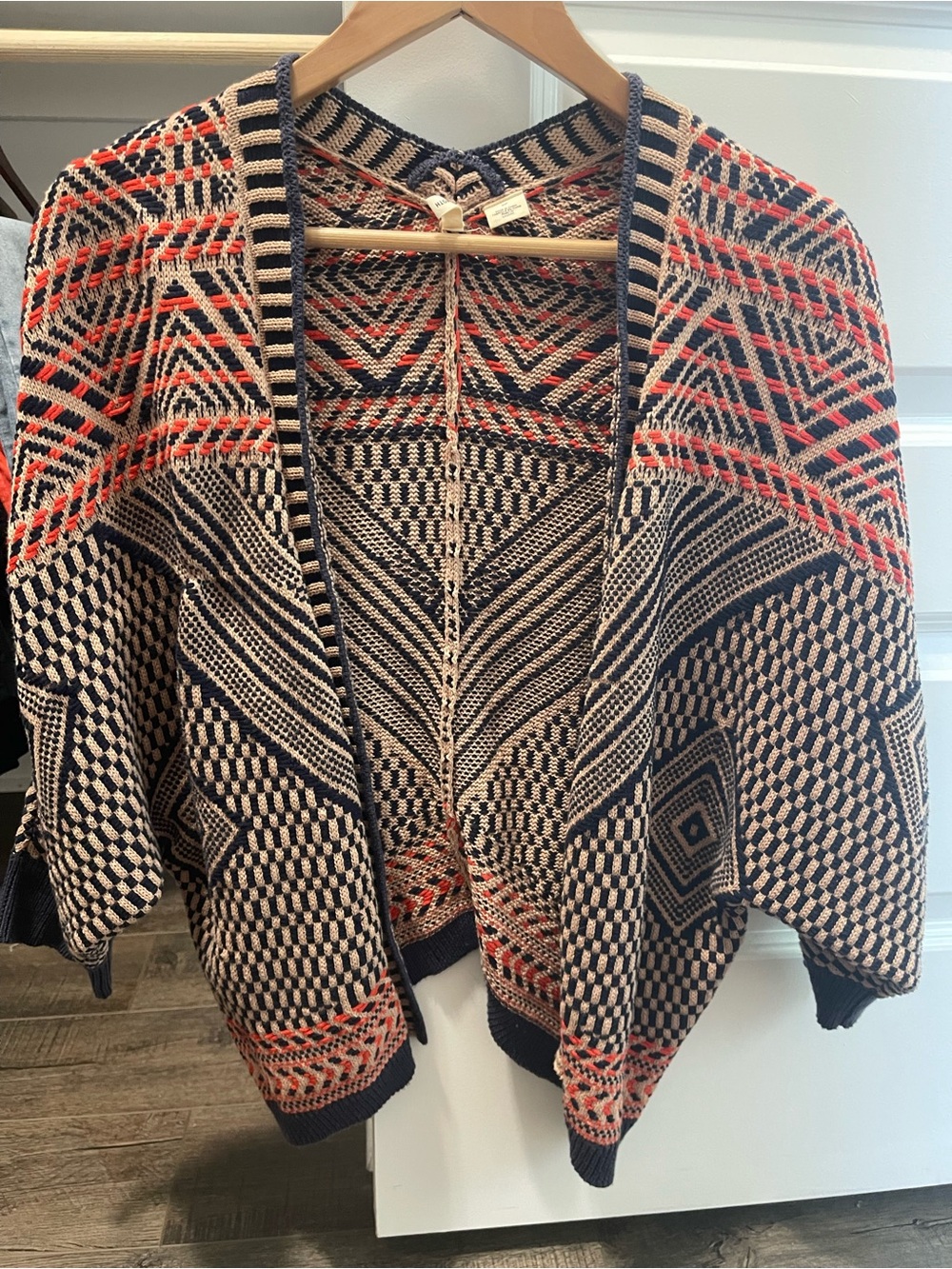 Anthropologie Women Open-Front Knit Sweater Cardigan - Navy & Cream with Coral